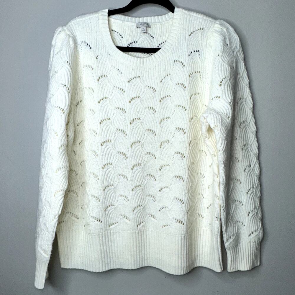 Talbots Womens Size XL Cream Open Knit Long Sleeve Crew Neck Sweater